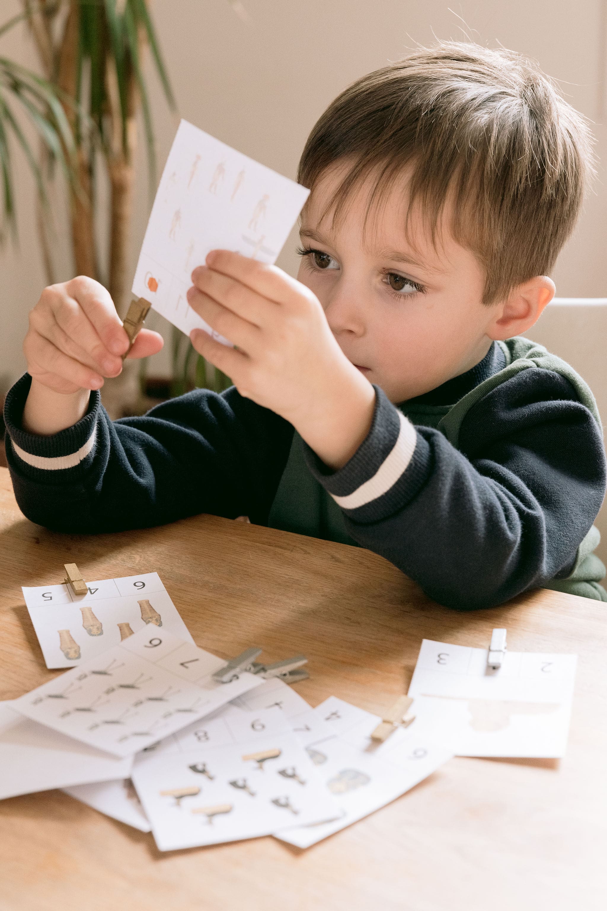 Enfant Montessori qui travaille avec des cartes de nomenclature
