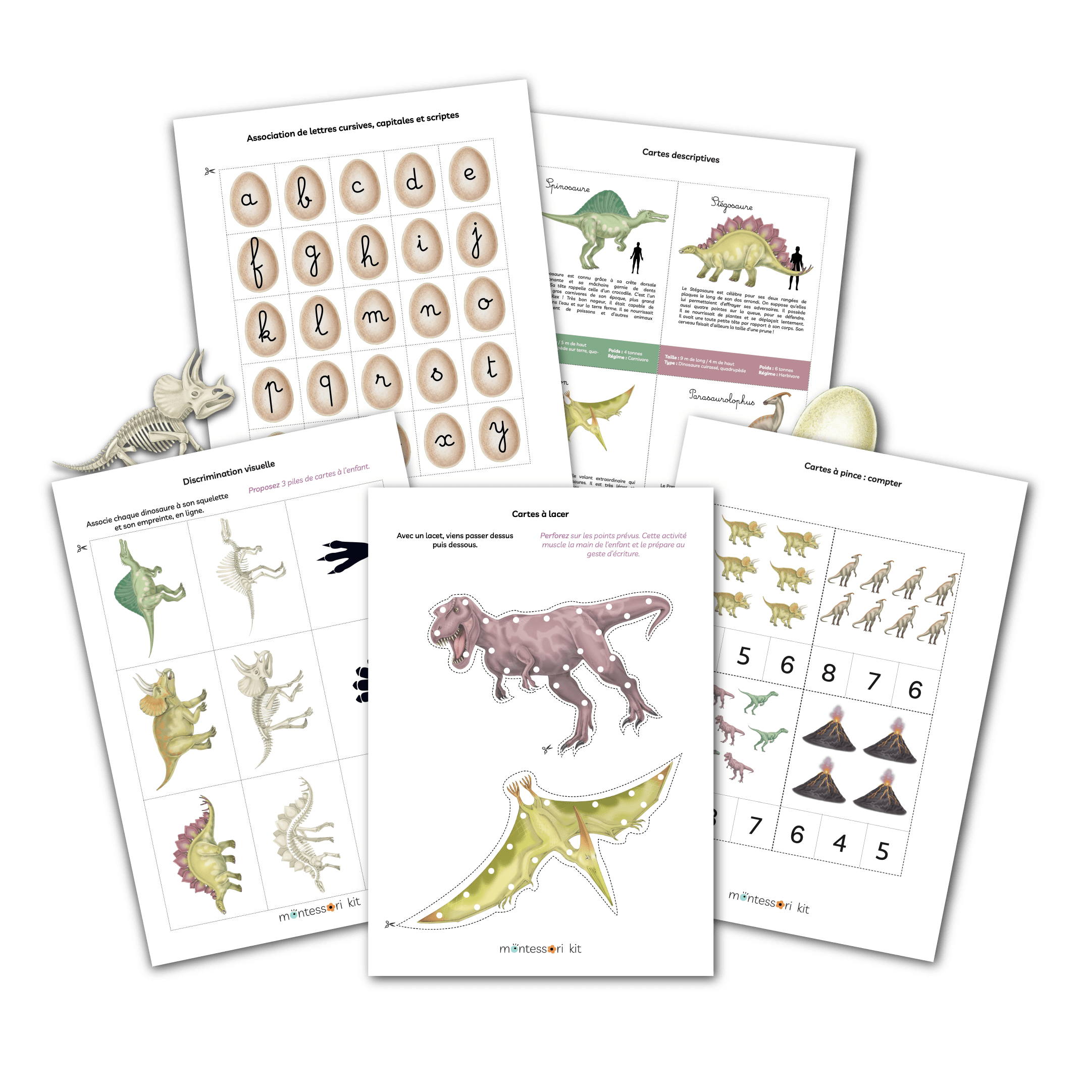 contenu d'un montessori kit maison sur le thème des Dinosaures à imprimer