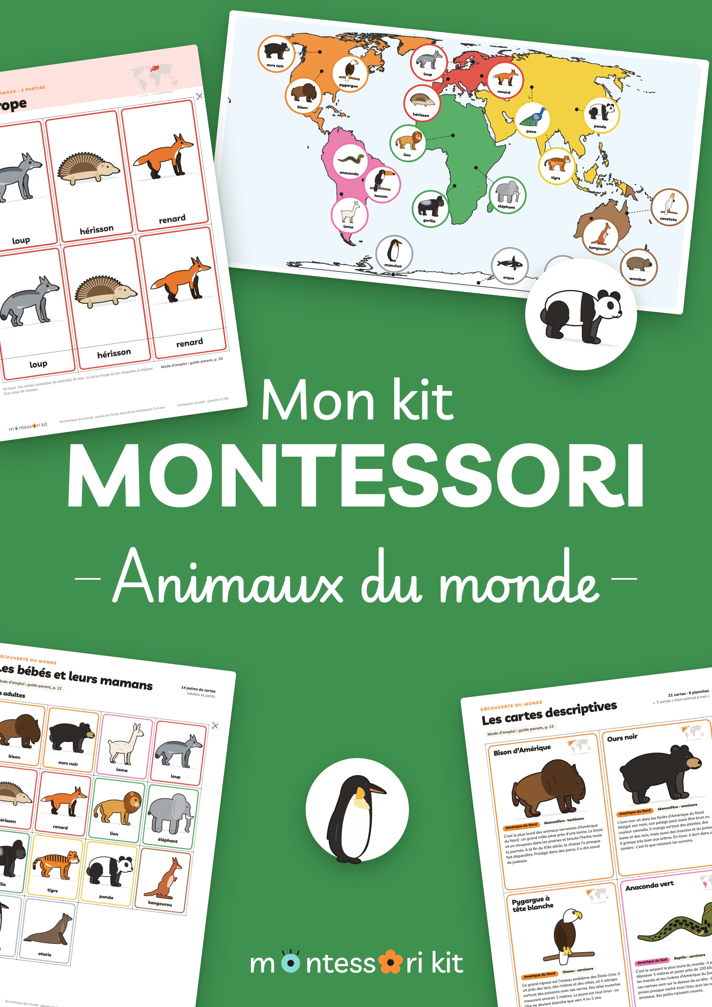 Kit Montessori Animaux du monde à imprimer : 21 animaux, 7 continents, bébés et mamans, pour les 3 à 7 ans