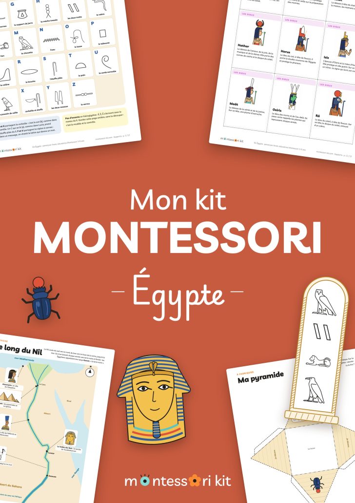 Kit Montessori Égypte à imprimer : écrire son prénom en hiéroglyphes, masque de pharaon et pyramide, pour les 3 à 7 ans