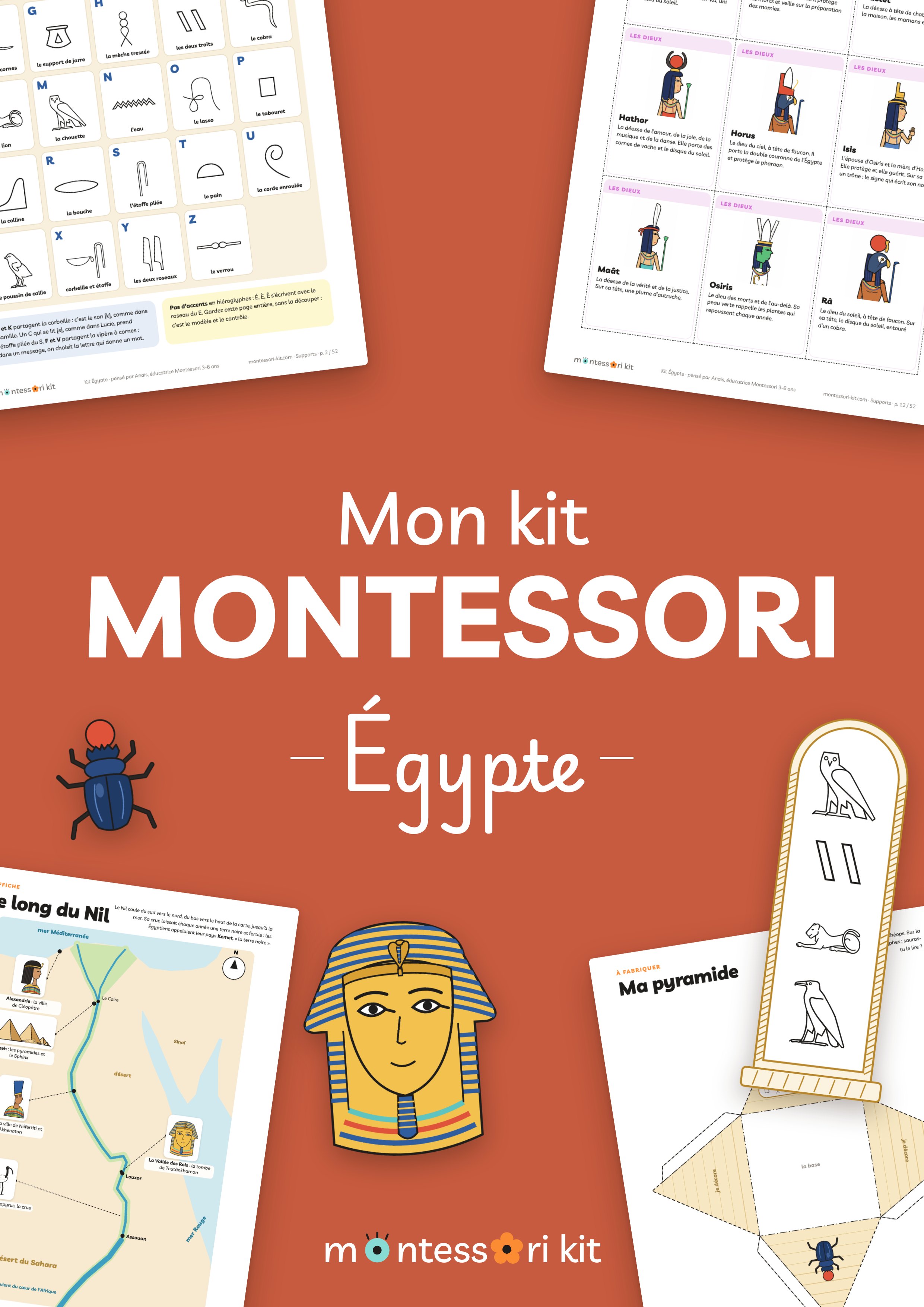 Kit Montessori Égypte à imprimer : écrire son prénom en hiéroglyphes, masque de pharaon et pyramide, pour les 3 à 7 ans