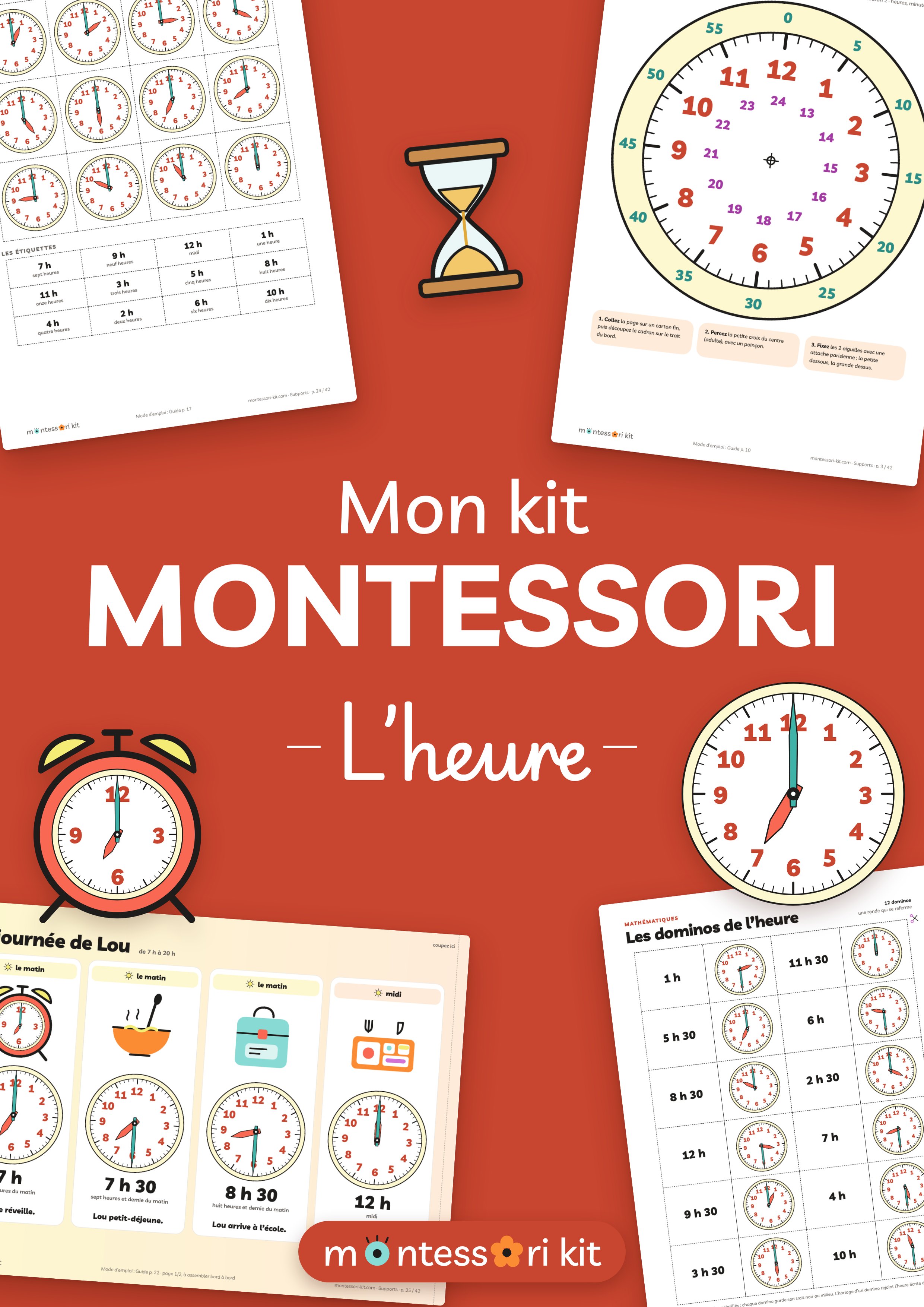 Kit Montessori pour apprendre l’heure à imprimer : grande horloge à fabriquer, cartes et frise de la journée pour enfants de 4 à 7 ans
