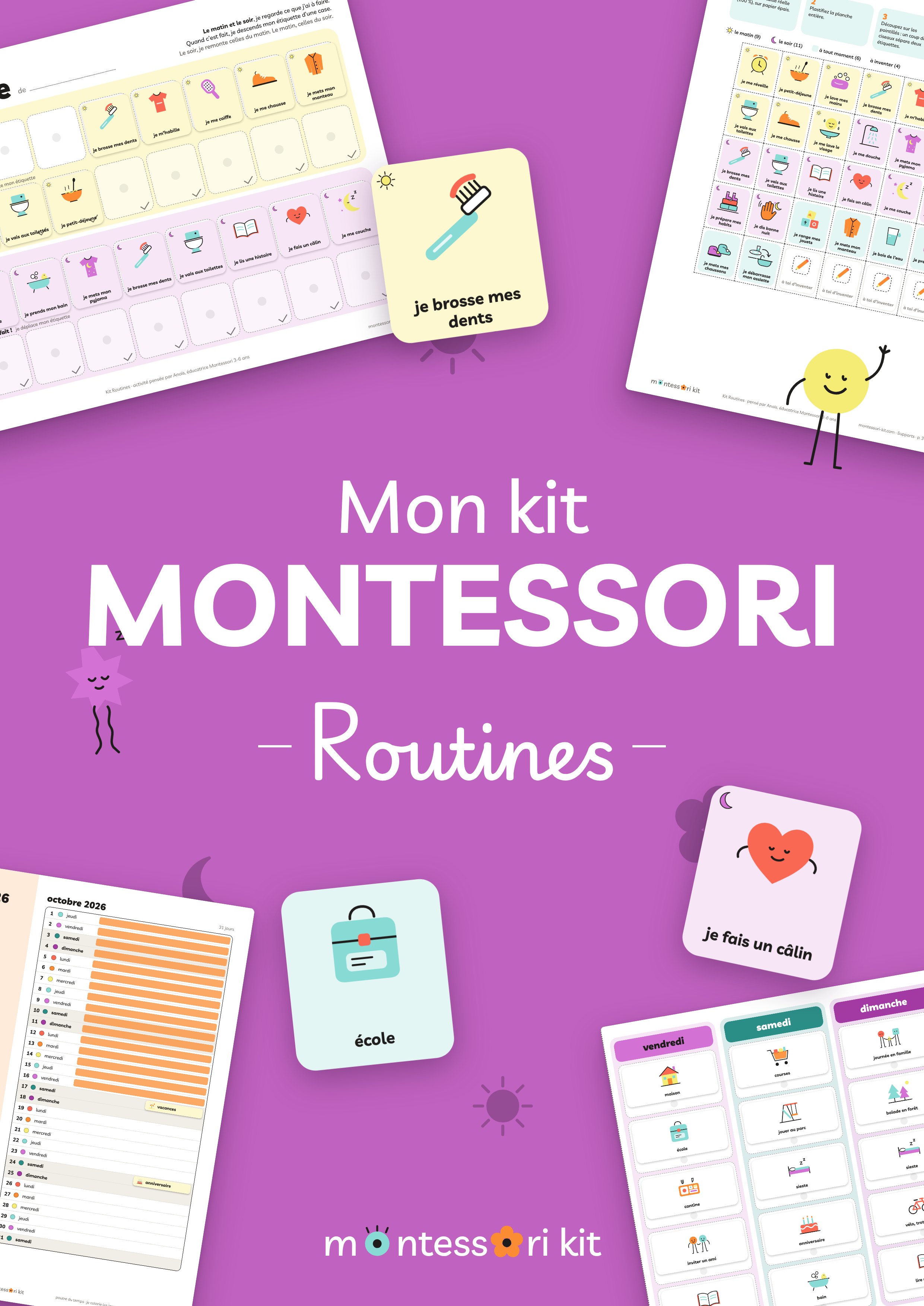 Kit Montessori Routines à imprimer : tableau de routine matin et soir, semainier et poutre du temps pour enfants de 2 à 7 ans