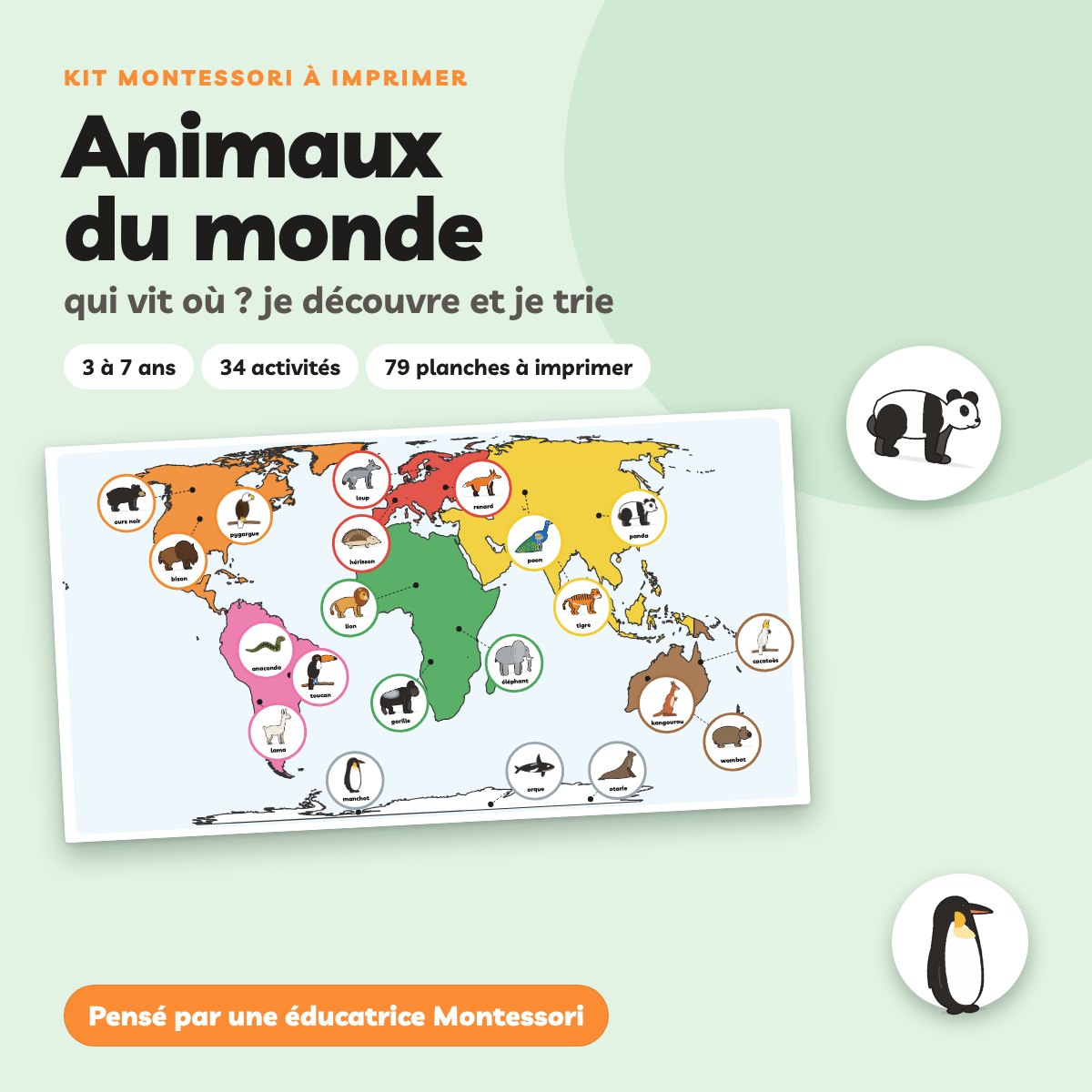 Mon kit Montessori Animaux du monde à imprimer pour les 3 à 7 ans : 34 activités et 79 planches à imprimer