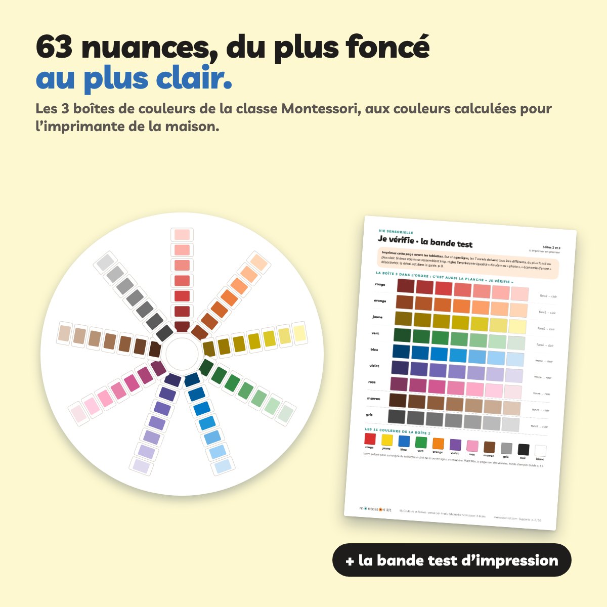 Les 3 boîtes de couleurs Montessori à imprimer : appariement, couleurs secondaires et nuances du foncé au clair