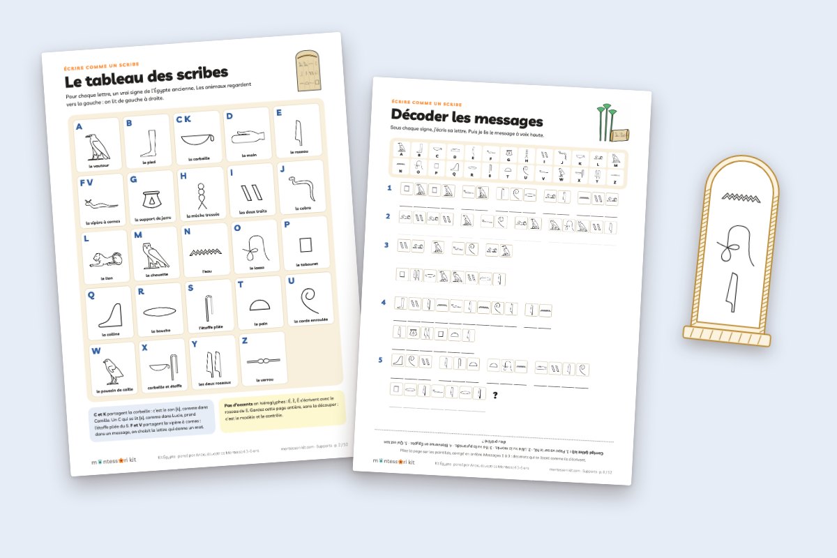 Le tableau des scribes, les messages à décoder et le cartouche royal en hiéroglyphes
