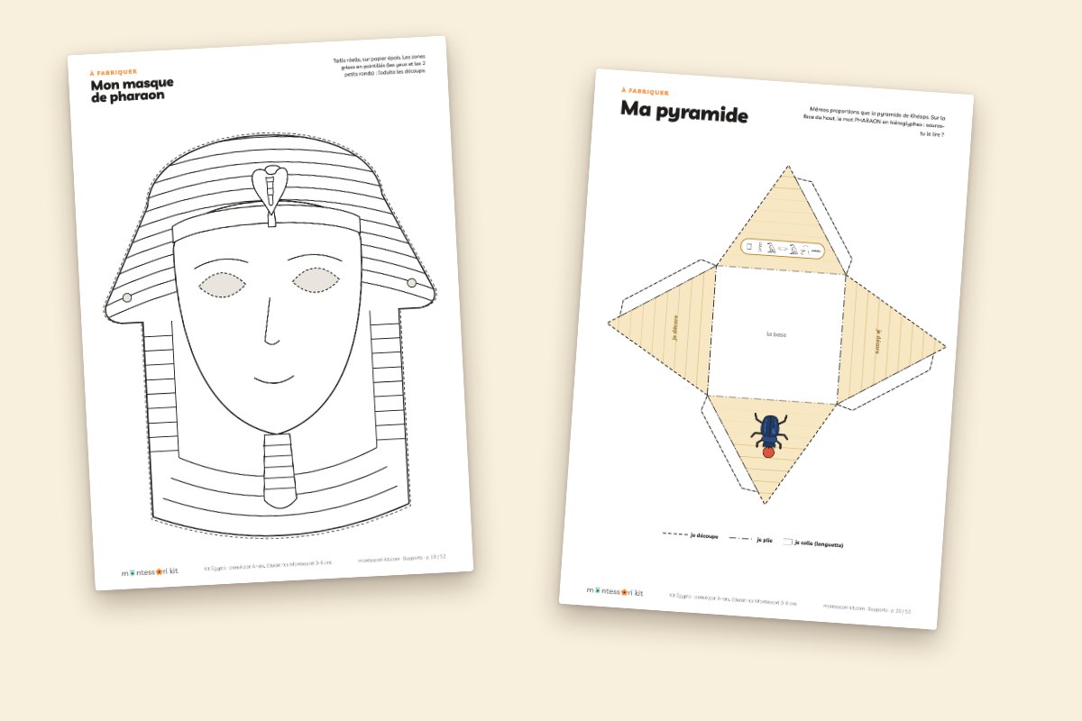 Le masque de pharaon en taille réelle et la pyramide à construire