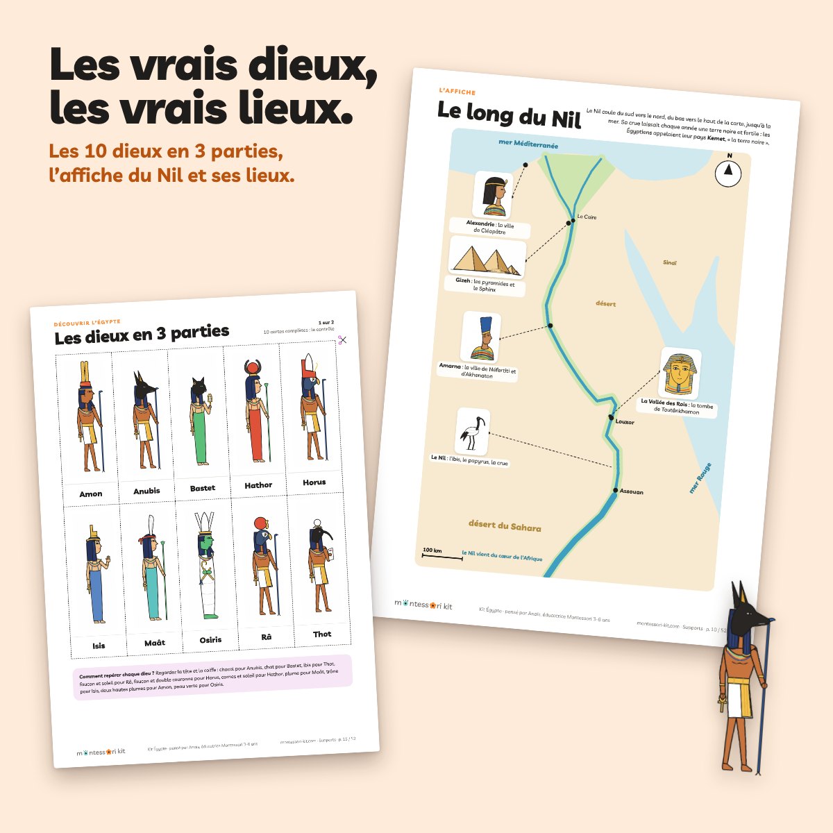 Les 10 dieux égyptiens en 3 parties et l’affiche « Le long du Nil » avec ses lieux