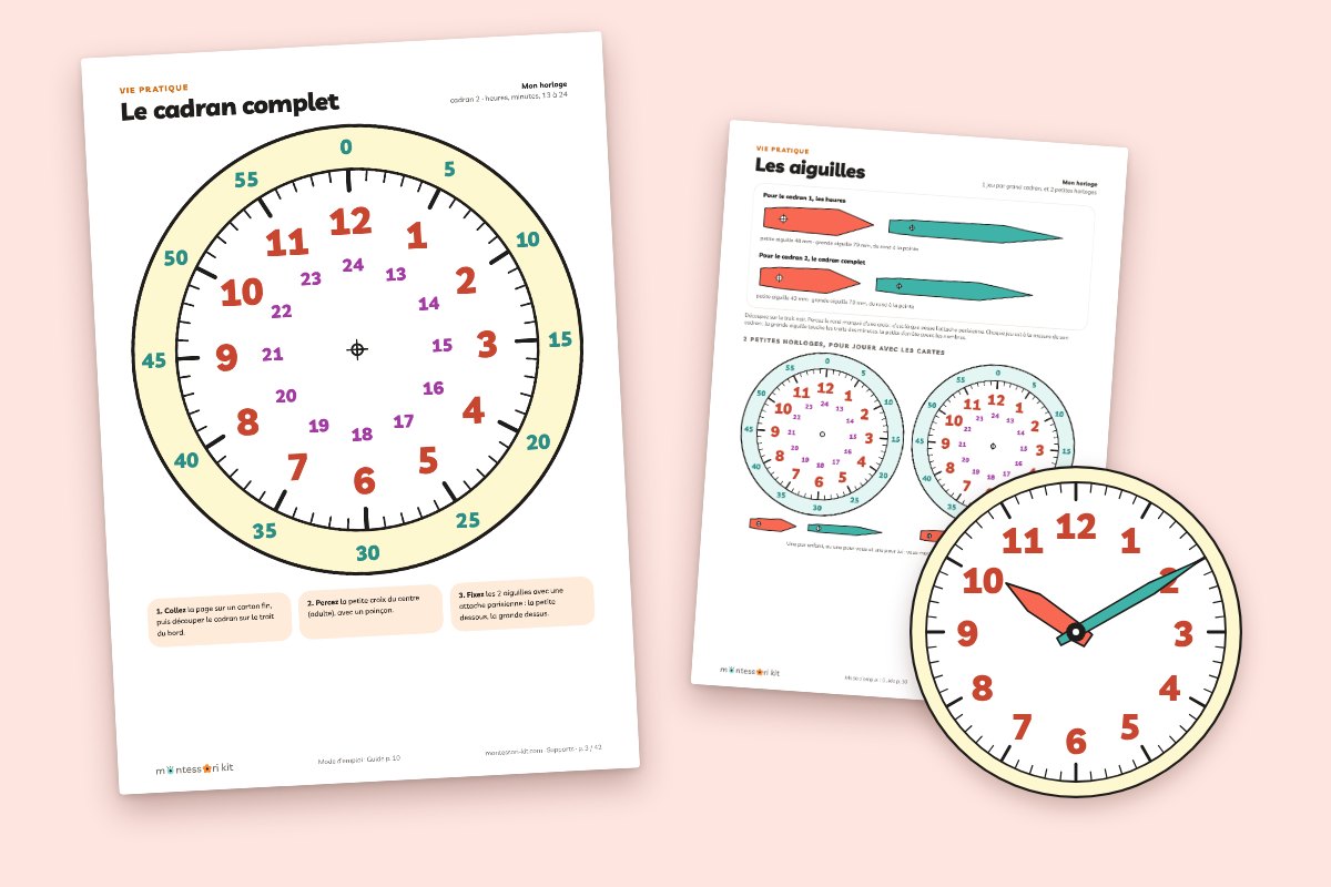 Horloge à imprimer pour apprendre l’heure : cadran de 18 cm et aiguilles à attache parisienne