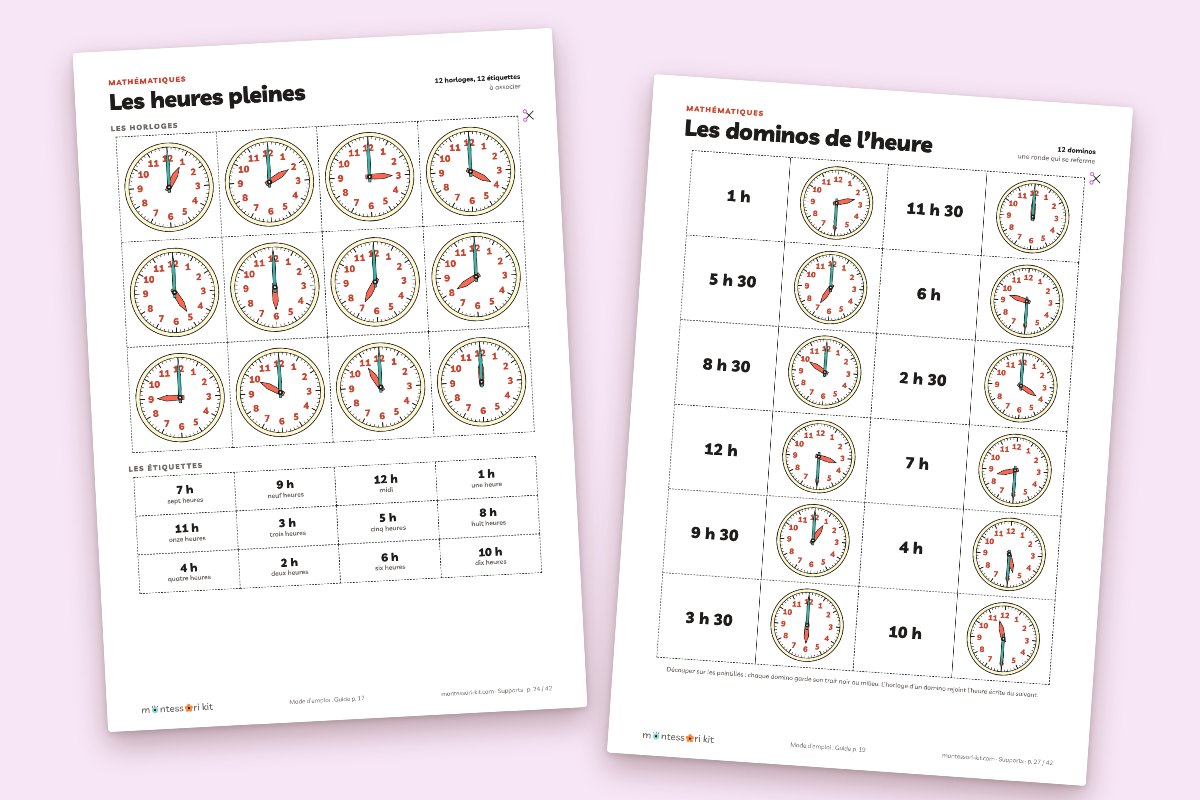 Cartes pour apprendre à lire l’heure : heures pleines, demi-heures et quarts, avec autocorrection