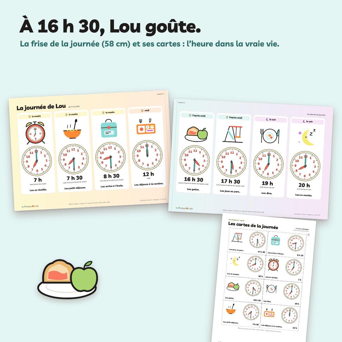 La frise « La journée de Lou » à afficher, avec ses cartes et ses horloges