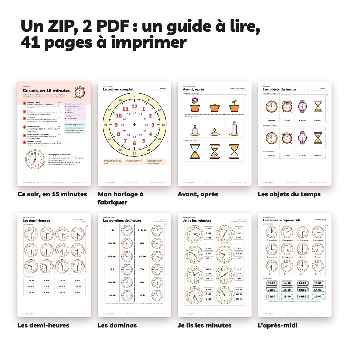 Tout le kit J’apprends l’heure : grande horloge, cartes, dominos, cercle des minutes, frise de la journée et objets du temps