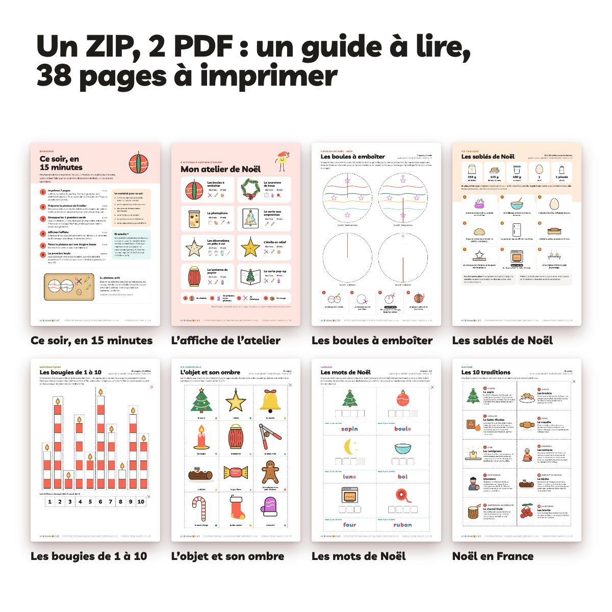 Tout le kit Noël : atelier de bricolages, sablés, guirlande, bougies graduées, ombres, memory, mots de Noël et traditions