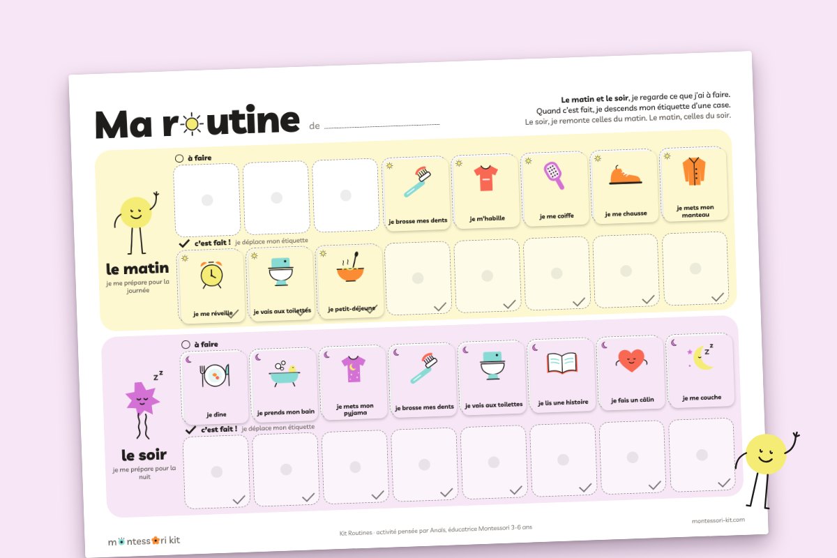 Tableau de routine Montessori matin et soir avec ses étiquettes illustrées, à imprimer