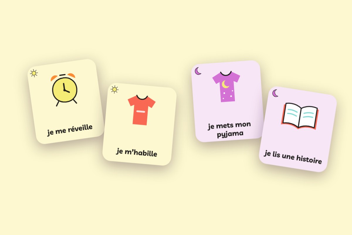 Étiquettes de routine illustrées : je me réveille, je m’habille, je mets mon pyjama, je lis une histoire