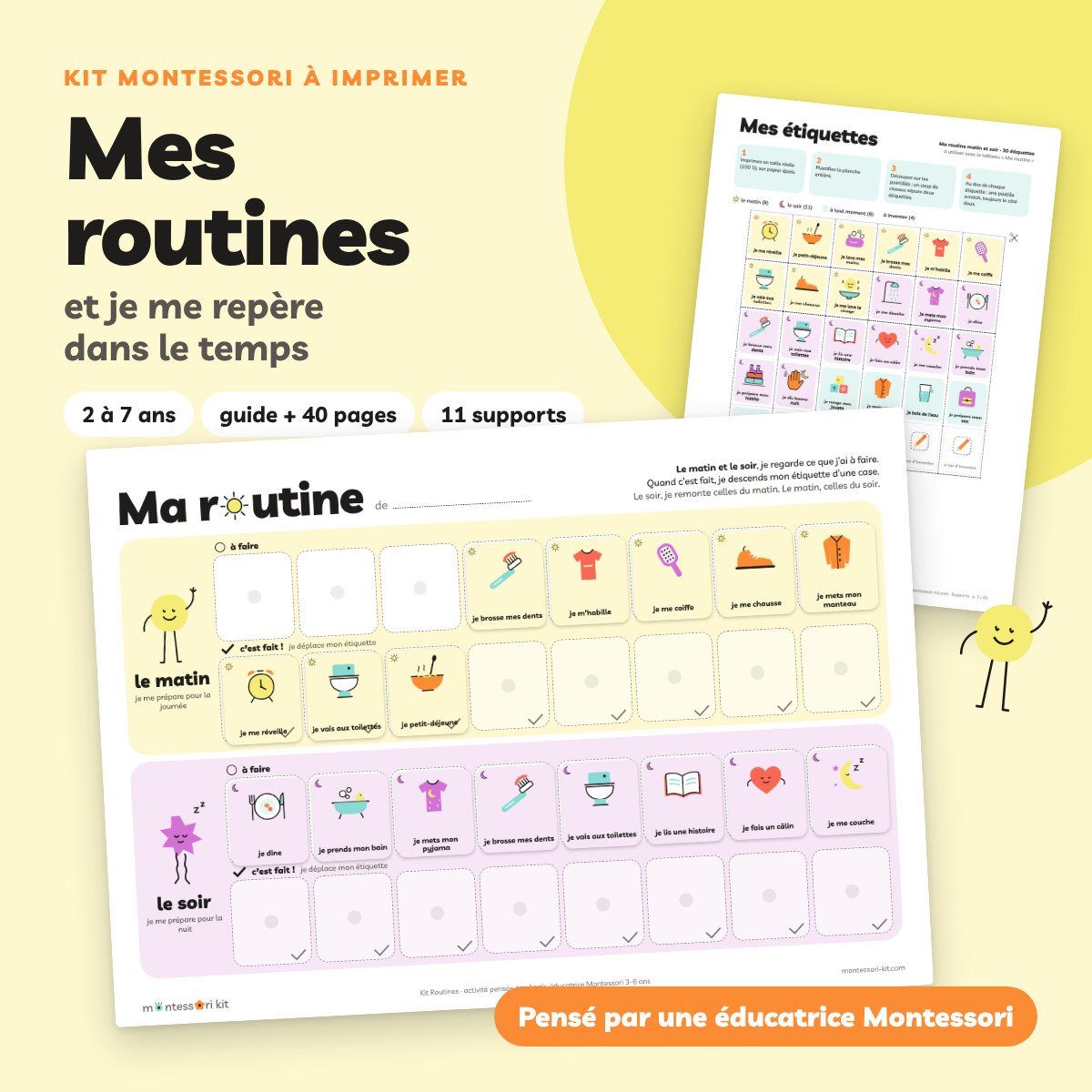 Kit Montessori Mes routines à imprimer pour les 2 à 7 ans : un guide et 40 pages de supports, 11 supports