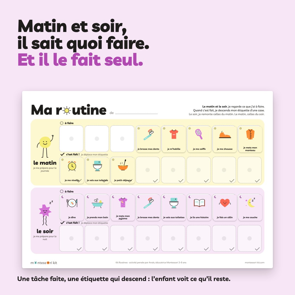 Tableau de routine enfant matin et soir : une tâche faite, une étiquette qui descend dans « c’est fait ! »
