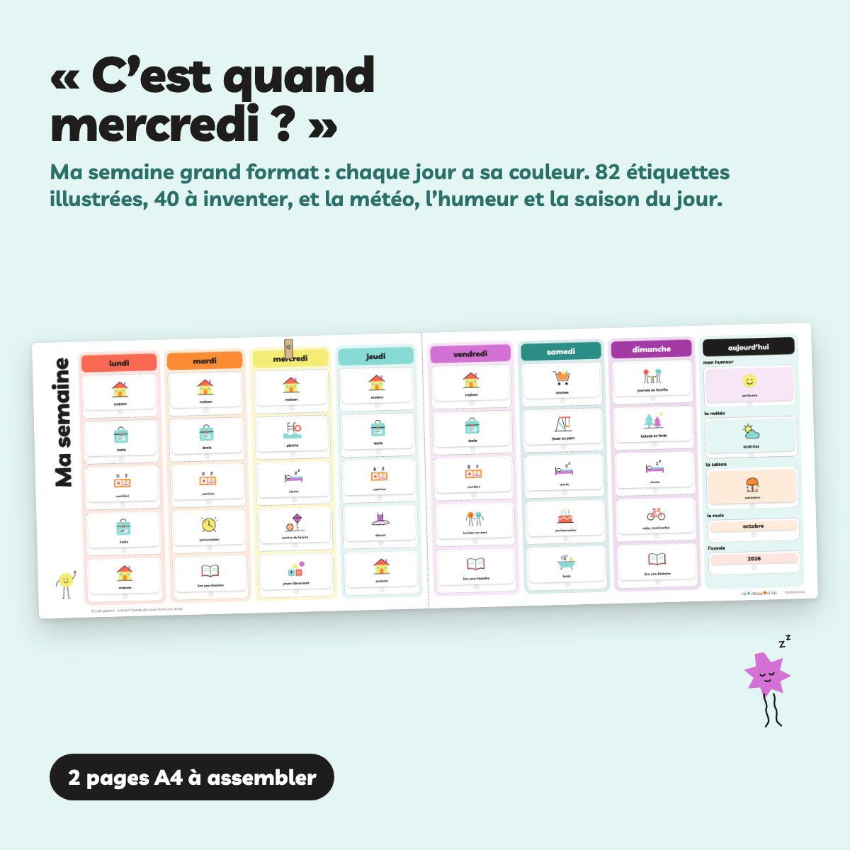Semainier enfant grand format : chaque jour a sa couleur, 82 étiquettes illustrées et 40 à inventer