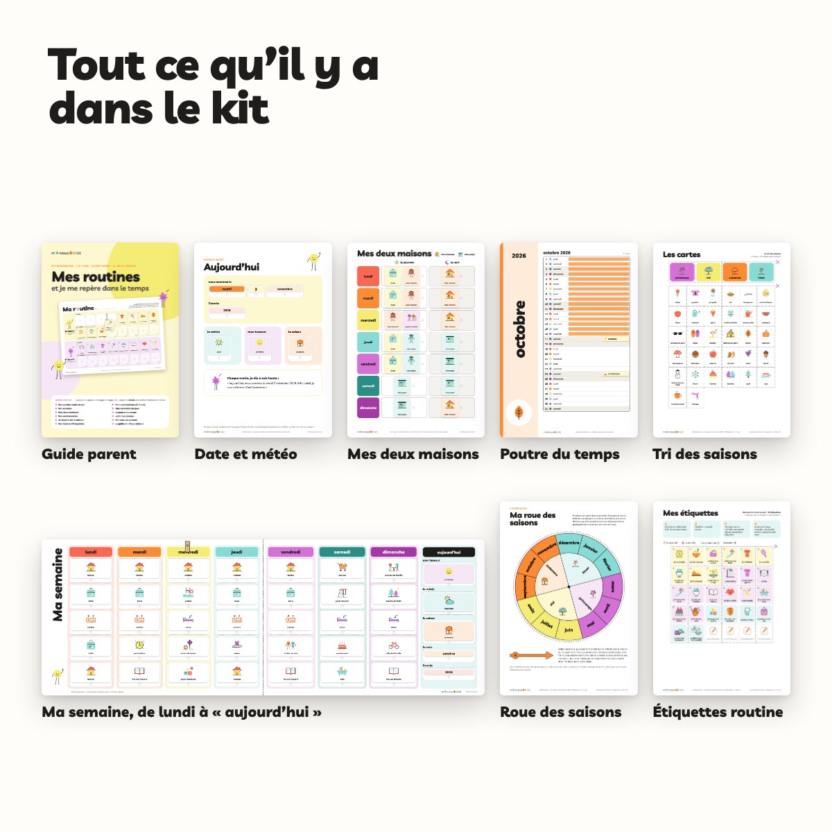 Tout le kit Routines : guide parent, date et météo, deux maisons, poutre du temps, semainier, roue et tri des saisons