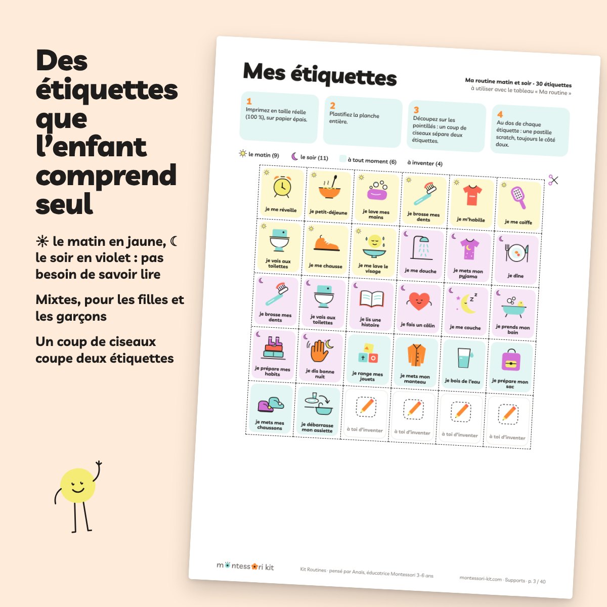 Planche d’étiquettes de routine que l’enfant comprend seul : le matin en jaune, le soir en violet