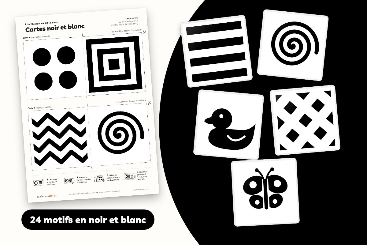 Cartes noir et blanc pour bébé : 24 motifs contrastés à imprimer