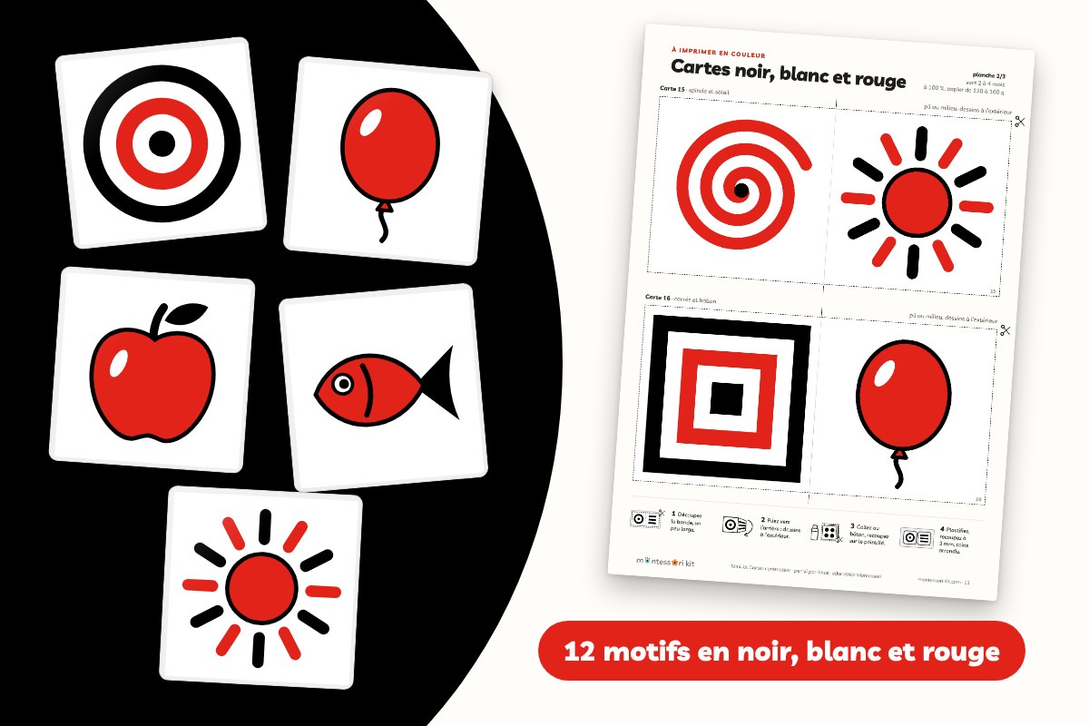 Cartes noir, blanc et rouge pour bébé : 12 motifs