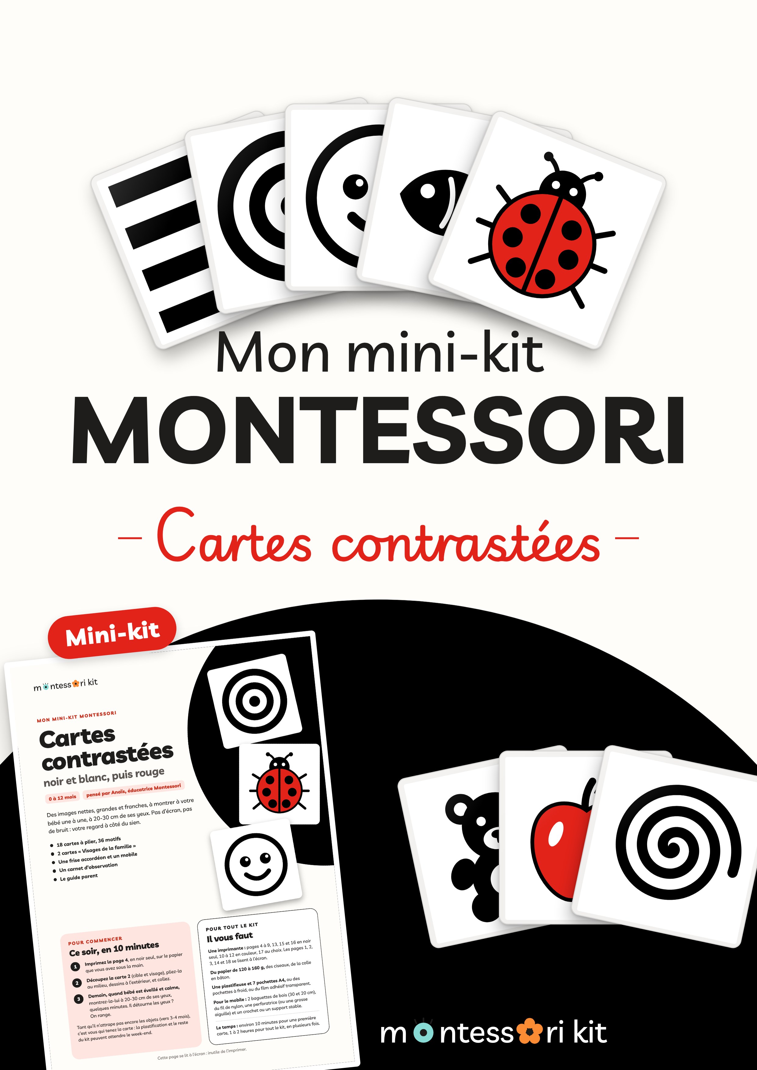Mini-kit Montessori cartes contrastées bébé à imprimer, cartes noir et blanc et rouges