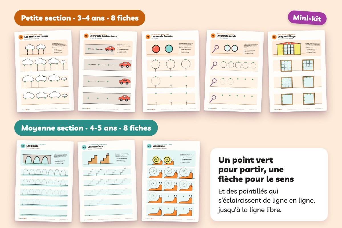 Fiches de graphisme PS et MS : traits verticaux, ronds fermés, ponts, escaliers et spirale, avec un point vert de départ