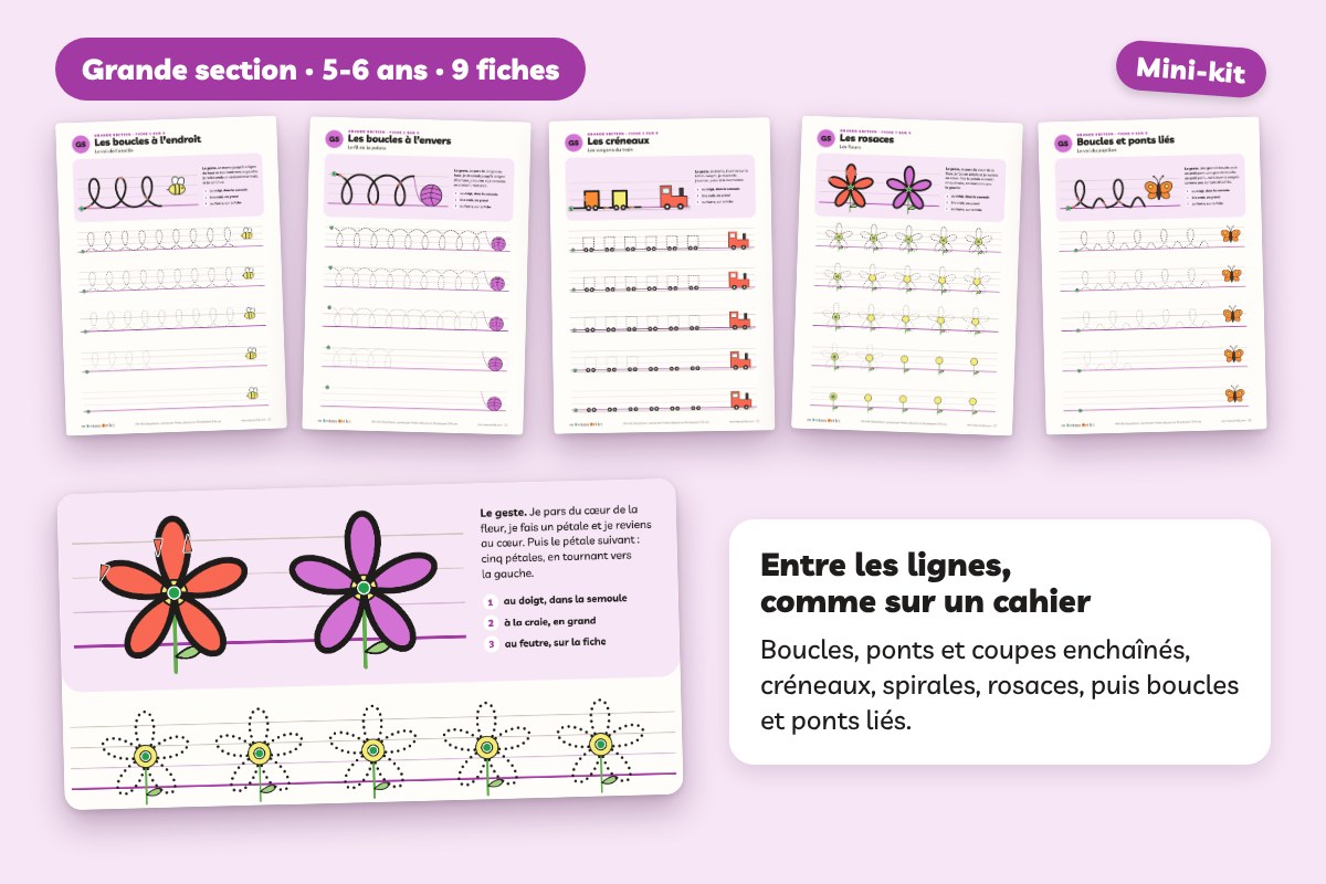 Fiches de graphisme GS entre les lignes : boucles, créneaux, rosaces, boucles et ponts liés