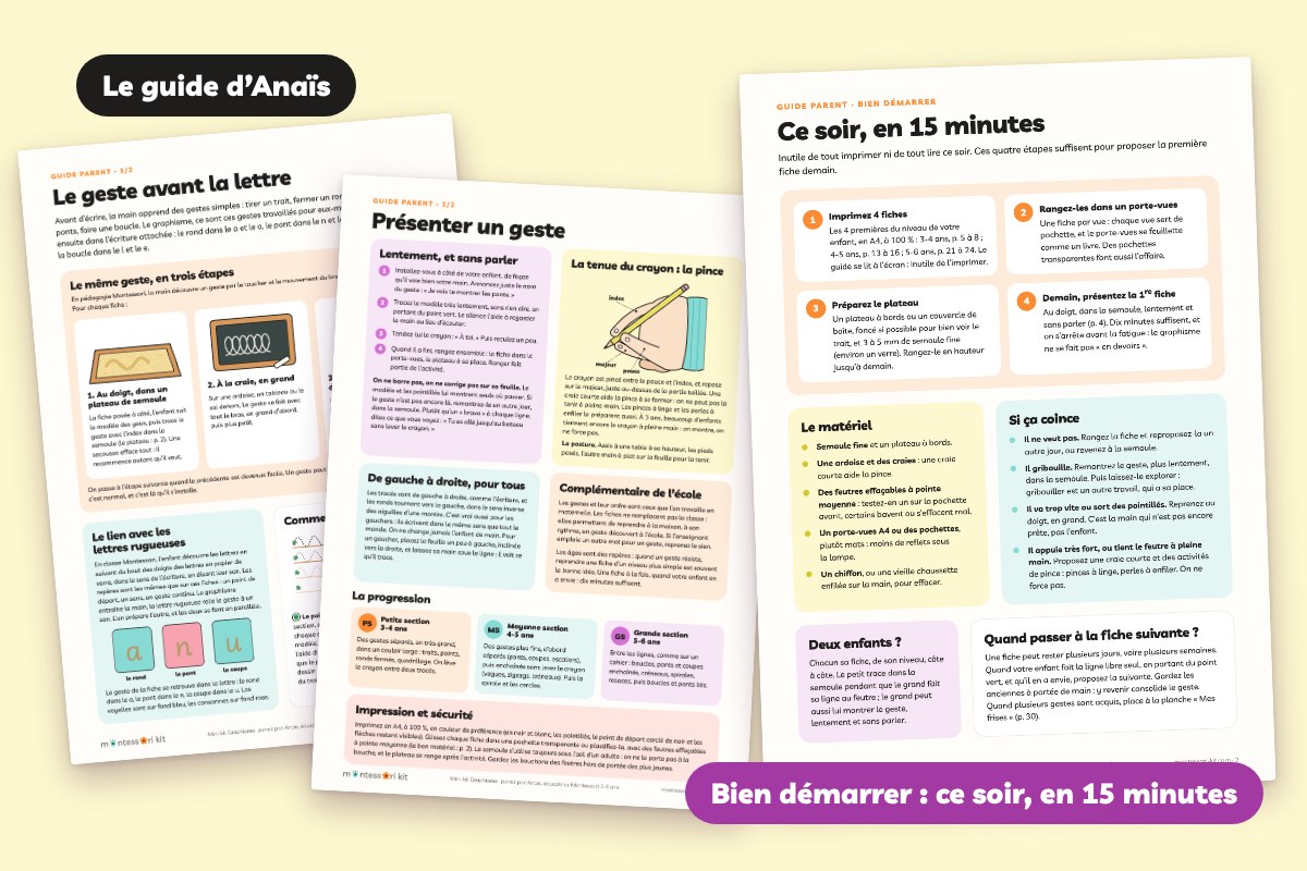 Guide parent d’Anaïs et page « Bien démarrer » : présenter un geste, tenue du crayon, ce soir en 15 minutes