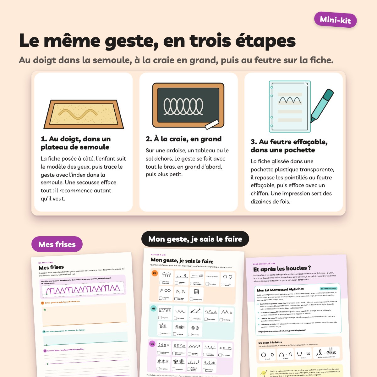 Le même geste en trois étapes : au doigt dans la semoule, à la craie en grand, puis au feutre effaçable dans une pochette