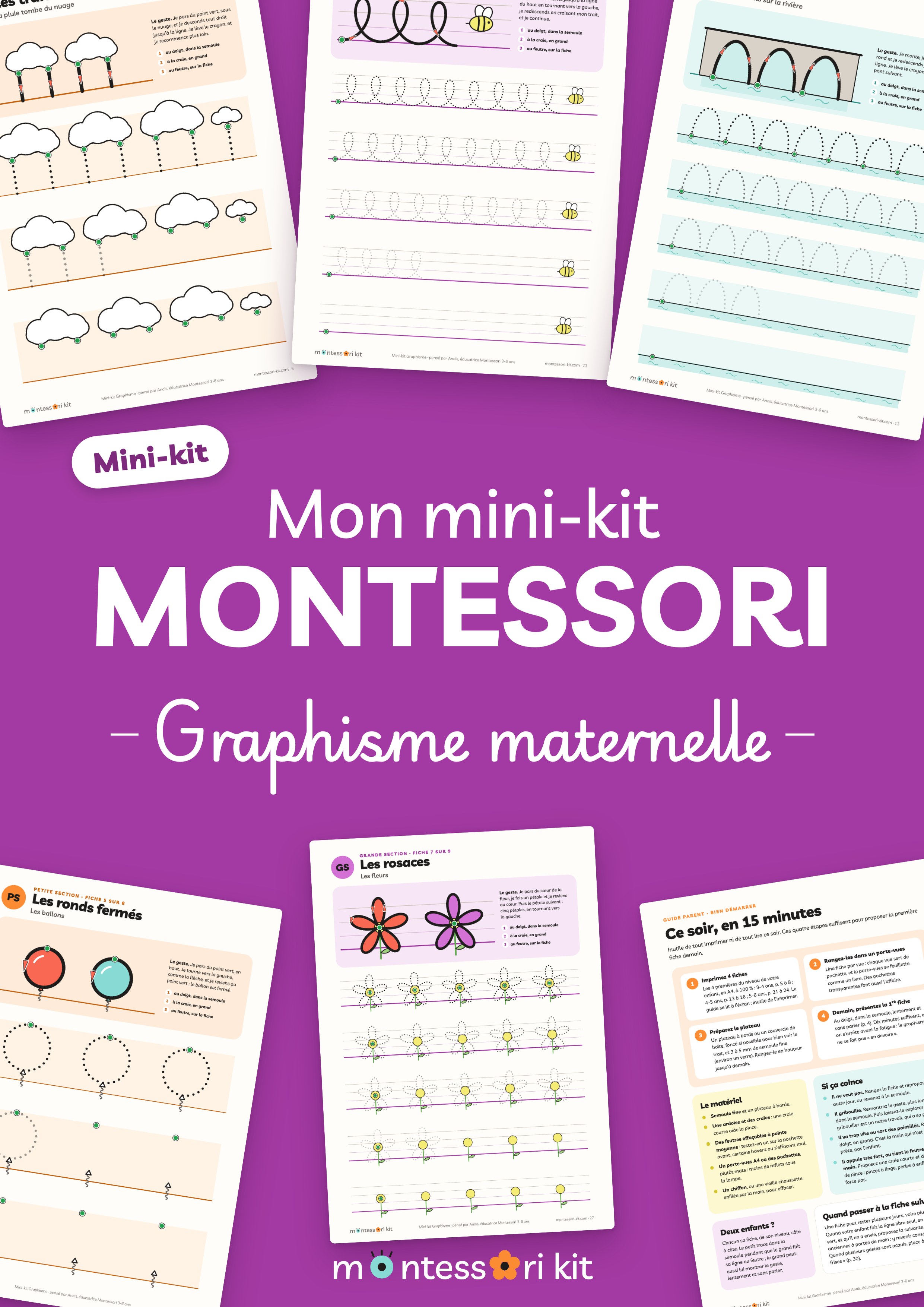 Mini-kit Montessori graphisme maternelle à imprimer : fiches de traits, boucles, ponts et rosaces