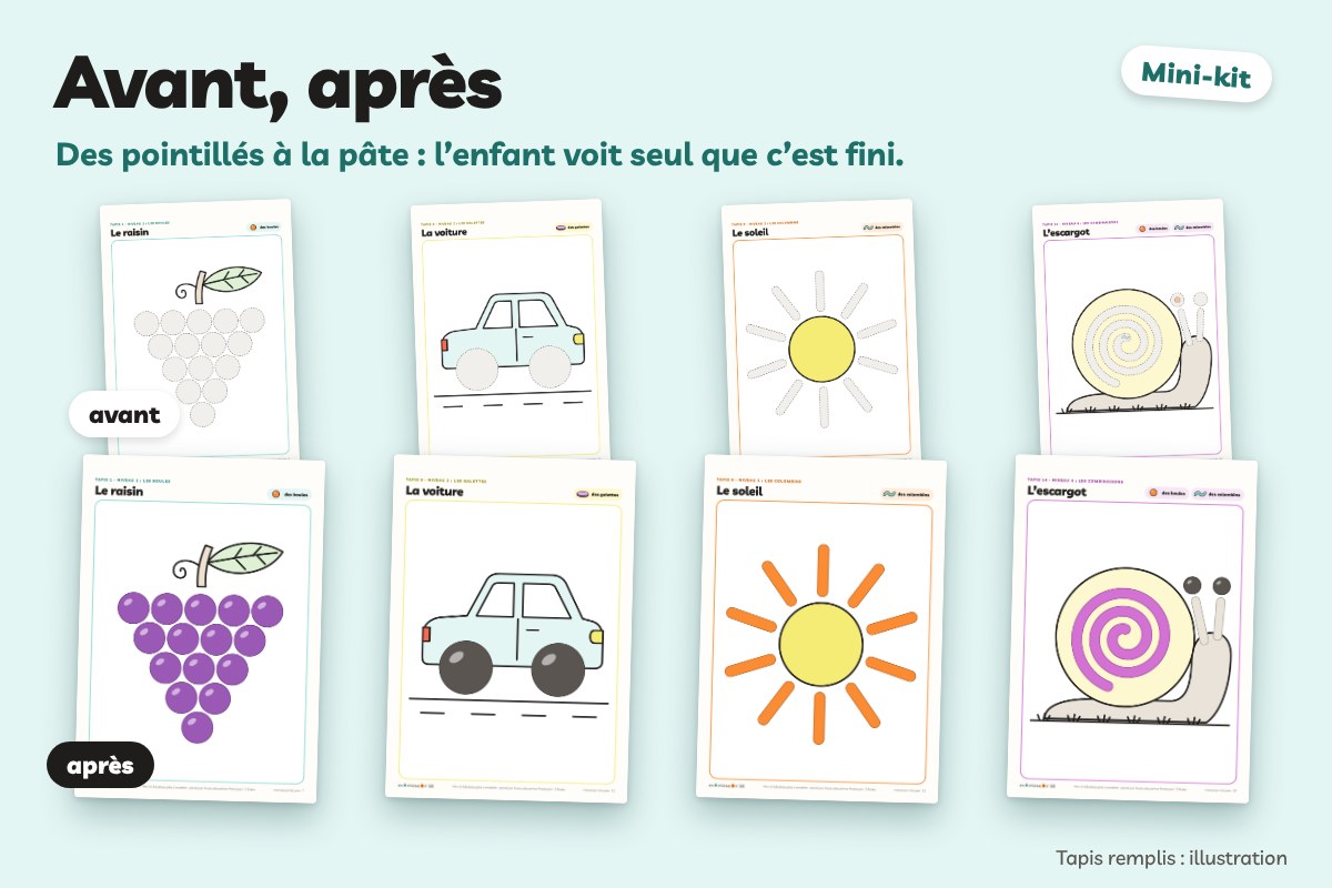 Tapis de pâte à modeler avant et après : vides puis remplis de pâte