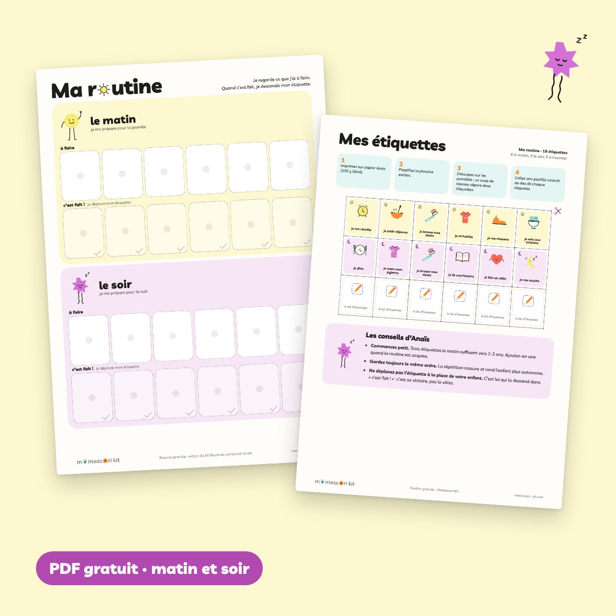 Tableau de routine enfant à imprimer gratuit, matin et soir, avec étiquettes illustrées