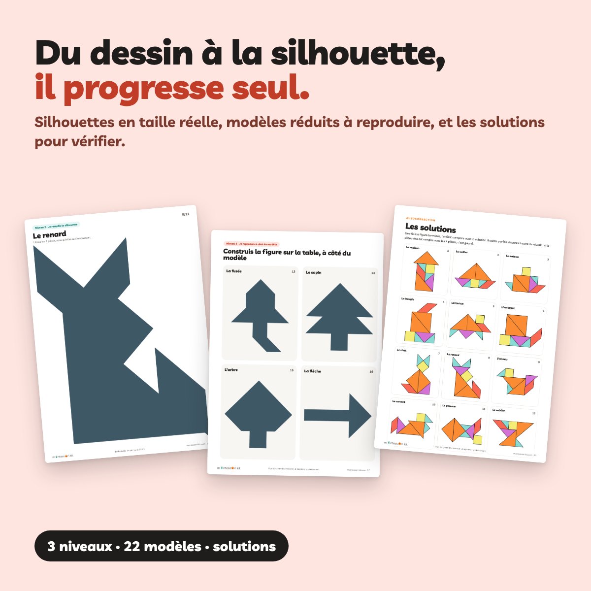 Tangram enfant : silhouette du renard, modèles réduits et page des solutions