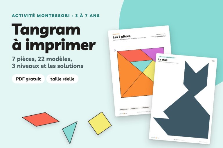 Tangram Montessori à imprimer : page des 7 pièces en couleur et modèle du chat