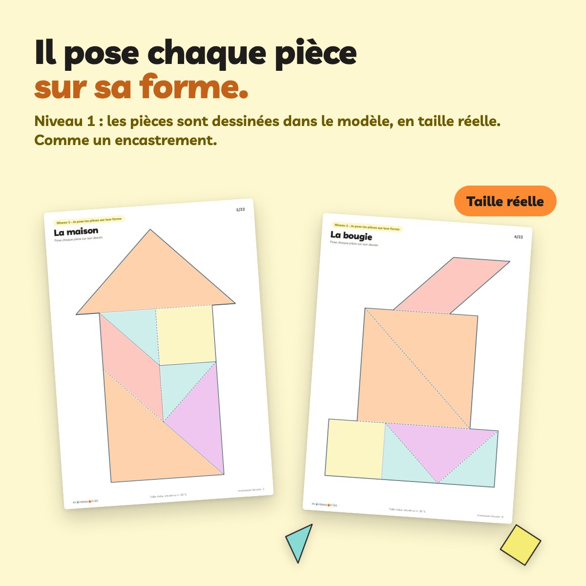 Modèle de tangram niveau 1 : maison et bougie avec les pièces dessinées en taille réelle